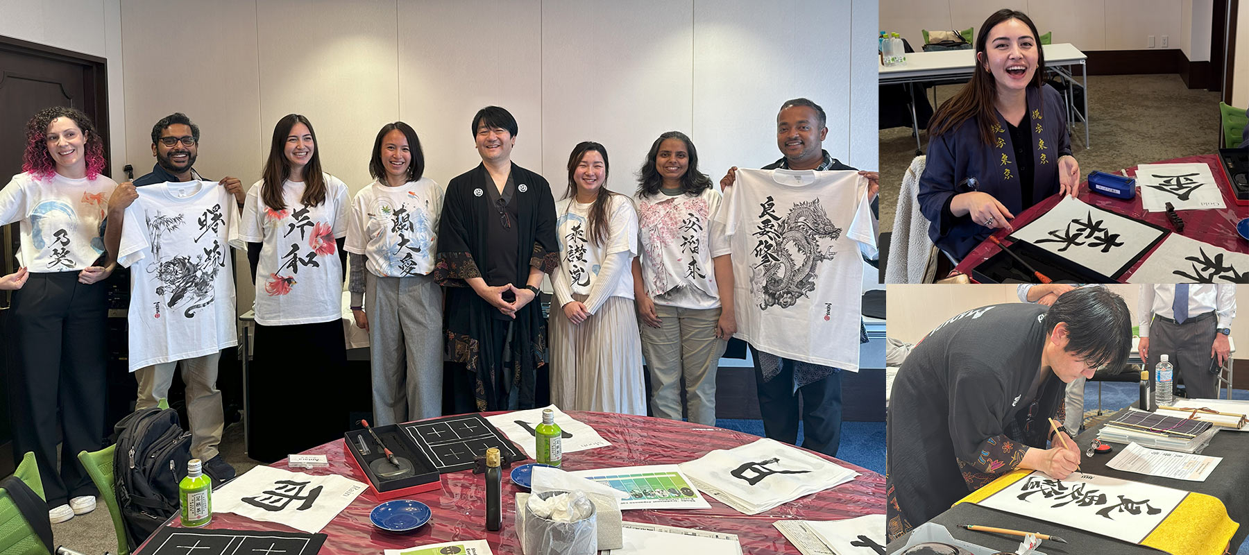 International participants enjoying MADARA’s Japanese calligraphy workshop, creating custom kanji art on T-shirts and paper.
