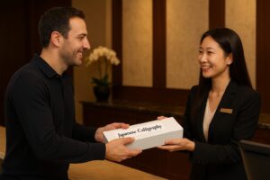 Japanese hotel reception desk where a guest receives a package containing custom calligraphy artwork