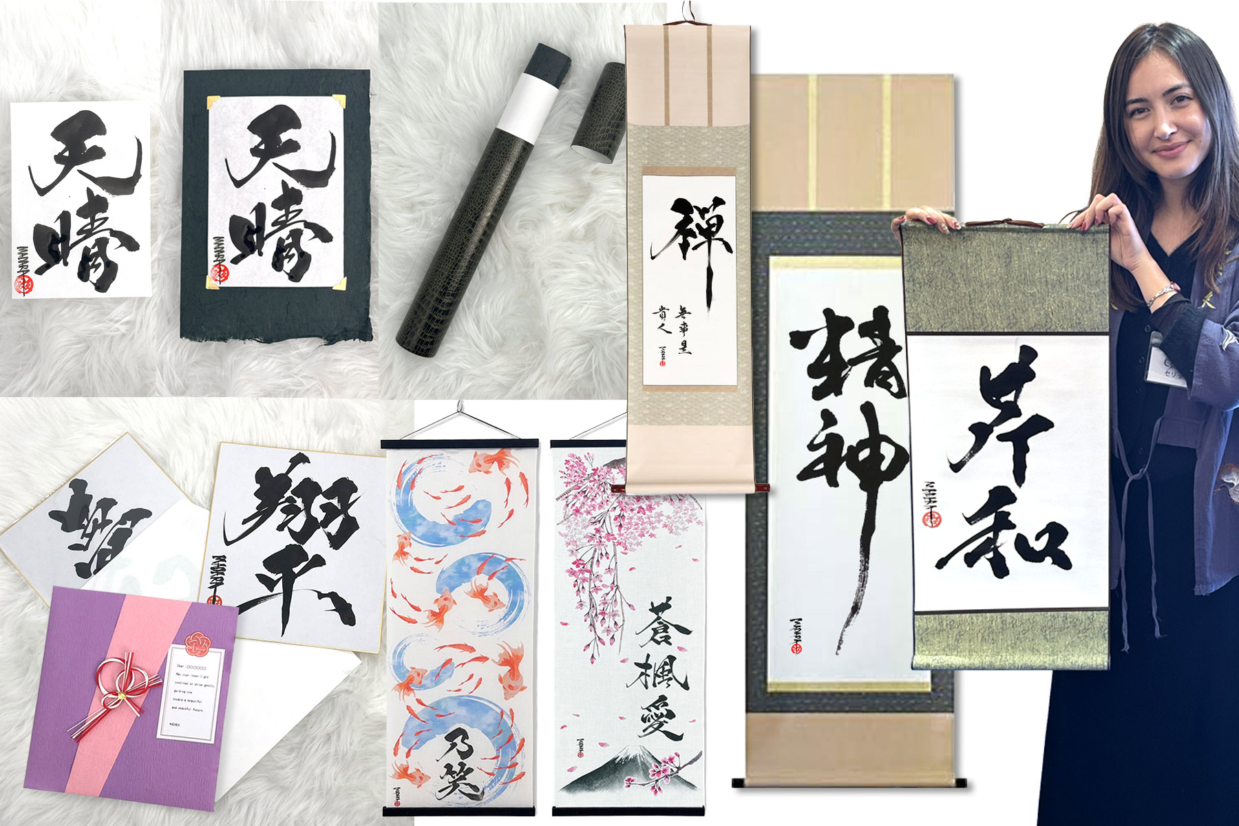 Various types of Japanese calligraphy artwork such as A5 paper, shikishi board, hanging scrolls, and tenugui cloth