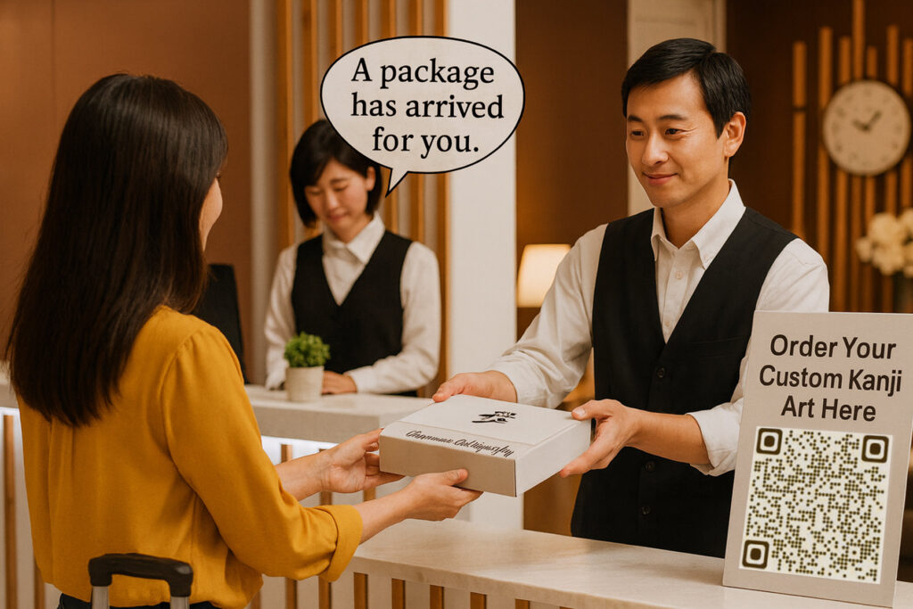 Hotel front desk where a Japanese staff member hands a calligraphy box labeled Japanese Calligraphy to a traveler