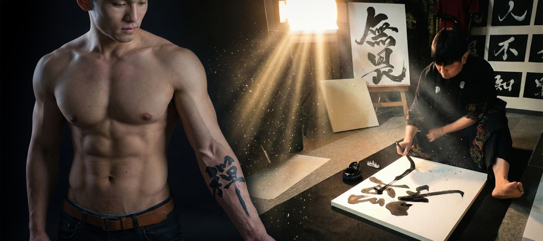 Japanese calligraphy artist MADARA creating powerful one-stroke calligraphy alongside a man wearing a kanji tattoo, expressing strength, spirit, and authenticity.