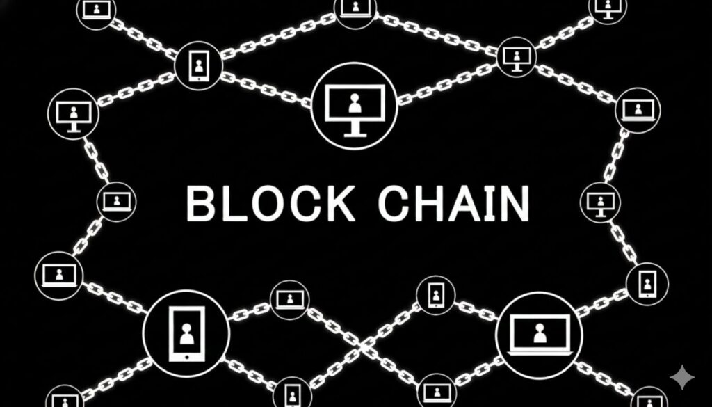 ブロックチェーンによってデジタル上で作品の真正性と所有記録が連鎖的に守られている概念イメージ