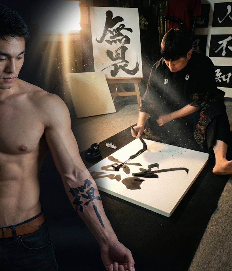 Japanese calligraphy artist MADARA creating powerful one-stroke calligraphy alongside a man wearing a kanji tattoo, expressing strength, spirit, and authenticity.