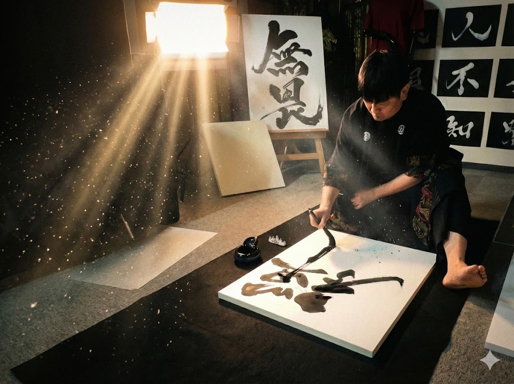Calligraphy artist MADARA creating an original artwork in a single, unrepeatable brushstroke, focused with brush and ink in a light-filled space