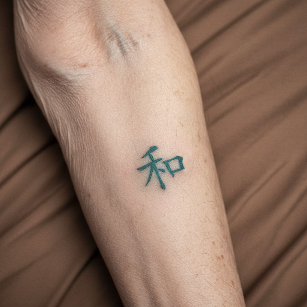 年配の女性の前腕に刻まれた漢字「和」のタトゥー。穏やかな調和と人生の歩みを象徴する一文字。