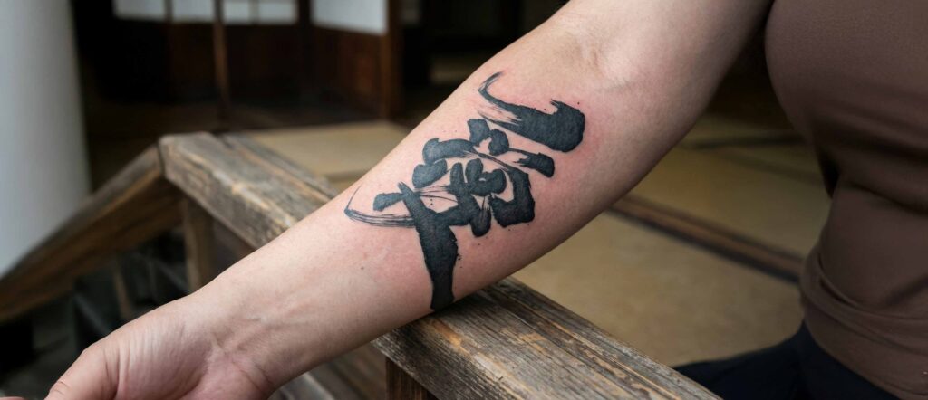 A close-up photograph of a forearm featuring a large, freshly inked Japanese calligraphy tattoo of the kanji "愛" (Love). The tattoo showcases powerful, energetic brush strokes and ink splashes characteristic of MADARA's "Hisseki-jutsu" style, distinguishing it from standard mass-produced fonts.